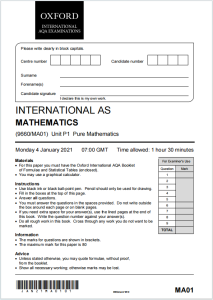 Alevel牛津AQA考试局2021年纯数真题下载《2021 Oxford International AS Mathematics (9660/MA01) Unit P1 Pure Mathematics》