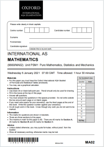 Alevel牛津AQA考试局2021年数学真题下载《International AS Mathematics (9660/MA02) Unit PSM1：Pure Mathematics, Statistics and Mechanics》