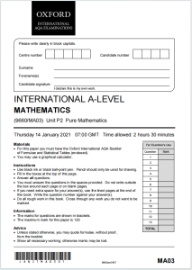 Alevel牛津AQA考试局2021年纯数真题下载《2021 International A-Level Mathematics (9660/MA03) Unit P2: Pure Mathematics》