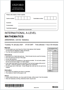 Alevel牛津AQA考试局2021年统计数学真题下载《2021 International A-Level Mathematics (9660/MA04) Unit S2: Statistics》