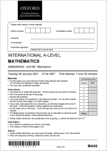 Alevel牛津AQA考试局2021年力学真题下载《2021 International A-Level Mathematics (9660/MA05) Unit M2: Mechanics》