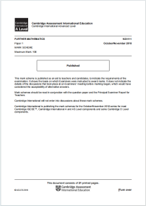 Alevel高等数学2018年真题评分标准下载《Cambridge International A Level Further Mathematics Paper 1 Mark Scheme October/November 2018》