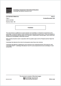 Alevel高等数学2019年真题评分标准下载《Cambridge International A Level Further Mathematics Paper 1 Mark Scheme October/November 2019》