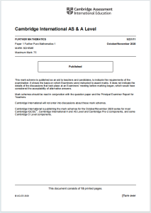 Alevel进阶纯数2020年真题评分标准下载《Cambridge International A Level Further Pure Mathematics 1 Paper 1 Mark Scheme October/November 2020》