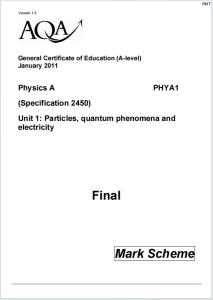 Alevel牛津物理A2011年真题评分标准下载《AQA Physics A PHYA1 Mark Scheme Particles Quantum Phenomena and Electricity January 2011》