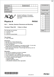 Alevel牛津物理A2010年真题下载《AQA Physics A PHYA1 Particles Quantum Phenomena and Electricity Thursday 27 May 2010》