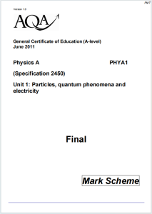 Alevel牛津物理A2011年真题评分标准下载《AQA Physics A PHYA1 Mark Scheme Particles Quantum Phenomena and Electricity June 2011》