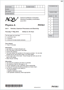 Alevel牛津物理A2012年真题下载《AQA Physics A PHYA1 Particles Quantum Phenomena and Electricity Thursday 17 May 2012》