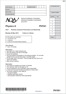 Alevel牛津物理A2013年真题下载《AQA Physics A PHYA1 Particles Quantum Phenomena and Electricity Monday 20 May 2013》