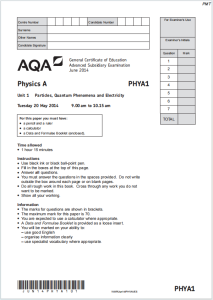 Alevel牛津物理A2014年真题下载《AQA Physics A PHYA1 Particles Quantum Phenomena and Electricity Tuesday 20 May 2014》