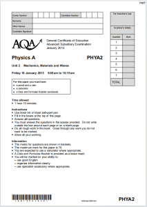Alevel牛津物理A2013年真题下载《AQA Physics A Unit 2 Mechanics Materials and Waves Friday 18 January 2013》