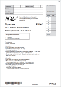 Alevel牛津物理A2010年真题下载《AQA Physics A Unit 2 Mechanics Materials and Waves Wednesday 9 June 2010》