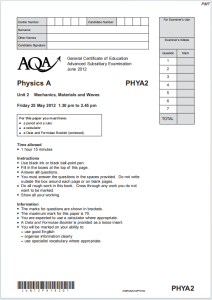 Alevel牛津物理A2012年真题下载《AQA Physics A Unit 2 Mechanics Materials and Waves Friday 25 May 2012》