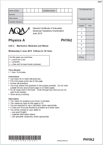 Alevel牛津物理A2013年真题下载《AQA Physics A Unit 2 Mechanics Materials and Waves Wednesday 5 June 2013》