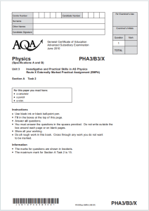 Alevel牛津物理2010年真题下载《AQA AS Physics Unit 3 Investigative and Practical Skills in AS Physics Route X Section A Task 2 June 2010》