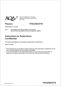 Alevel牛津物理2010年真题下载《AQA AS Physics Unit 3 Investigative and Practical Skills in AS Physics Route X Supervisor Instructions June 2010》