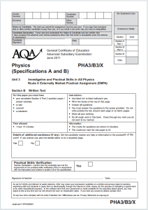 Alevel牛津物理2011年真题下载《AQA AS Physics Unit 3 PHA3/B3/X Written Test June 2011》