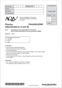 Alevel牛津物理2011年真题下载《AQA AS Physics Unit 3 PHA3/B3/XPM1 Section A - Part 1 June 2011》