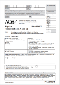 Alevel牛津物理2012年真题下载《AQA AS Physics Unit 3 PHA3/B3/X Written Test Section B June 2012》