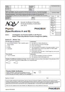 Alevel牛津物理2013年真题下载《AQA AS Physics Unit 3 PHA3/B3/X Route X Externally Marked Practical Assignment EMPA June 2013》