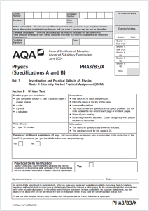 Alevel牛津物理2014年真题下载《AQA AS Physics PHA3/B3/X Written Test Unit 3 Investigative and Practical Skills in AS Physics Route X Externally Marked Practical Assignment EMPA June 2014》