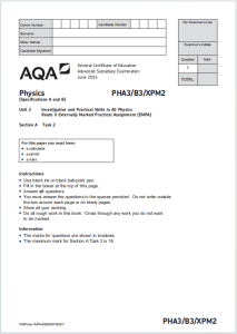 Alevel牛津物理2014年真题下载《AQA AS Physics PHA3/B3/XPM2 Section A Task 2 Unit 3 Investigative and Practical Skills in AS Physics EMPA June 2014》