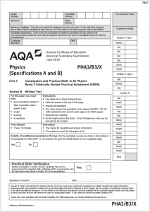 Alevel牛津物理2015年真题下载《AQA AS Physics PHA3/B3/X Section B Written Test Unit 3 Investigative and Practical Skills in AS Physics EMPA June 2015》