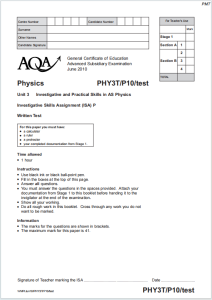 Alevel牛津物理2010年真题下载《AQA AS Physics Unit 3 Investigative Skills Assignment PHY3T P10 Written Test June 2010》