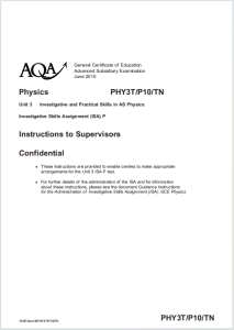 Alevel牛津物理2010年真题监考员指导手册下载《AQA AS Physics Unit 3 Investigative Skills Assignment Marking Guidelines PHY3T/P10/TN Supervisors Instructions June 2010》