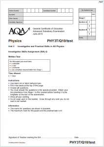 Alevel牛津物理2010年真题下载《AQA AS Physics Unit 3 Investigative Skills Assignment PHY3T/Q10 Written Test June 2010》