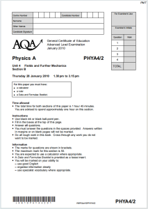 Alevel牛津物理2010年真题下载《AQA A-level Physics PHYA4/2 Fields and Further Mechanics Thursday 28 January 2010》