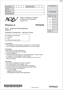 Alevel牛津物理2011年真题下载《AQA A-level Physics PHYA4/2 Unit 4 Fields and Further Mechanics Section B Thursday 27 January 2011》