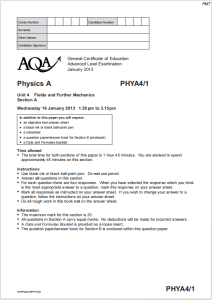 Alevel牛津物理2013年真题下载《AQA A-level Physics PHYA4/1 Unit 4 Fields and Further Mechanics Section A Wednesday 16 January 2013》