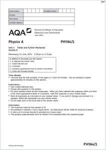 Alevel牛津物理2014年真题下载《AQA A-level Physics PHYA4/1 Unit 4 Fields and Further Mechanics Section A Wednesday 11 June 2014》