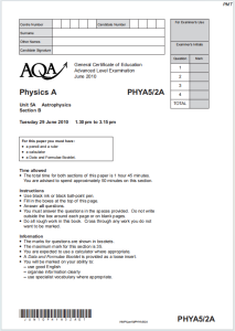 Alevel牛津天体物理学2010年真题下载《AQA Physics A Unit 5A Astrophysics Tuesday 29 June 2010》