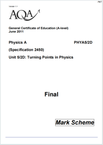 Alevel牛津物理2011年真题评分标准下载《AQA Physics A Unit 5/2D Turning Points in Physics Mark Scheme June 2011》