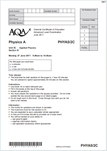 Alevel牛津应用物理2011年真题下载《AQA Physics A Unit 5C Applied Physics Monday 27 June 2011》