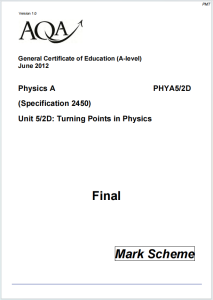 Alevel牛津物理2012年真题评分标准下载《AQA Physics A Unit 5/2D: Turning Points in Physics Mark Scheme June 2012》