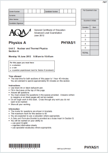 Alevel牛津核物理和热物理学2012年真题下载《AQA Physics A Unit 5/1: Nuclear and Thermal Physics June 2012》