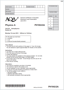Alevel牛津天体物理学2012年真题下载《AQA Physics A Unit 5/2A: Astrophysics Monday 18 June 2012》