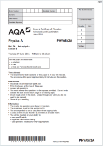 Alevel牛津天体物理学2014年真题下载《AQA A-level Physics A PHYA5/2A Astrophysics Section B June 2014》