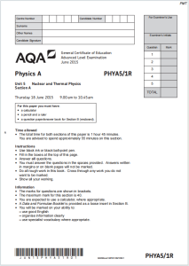 Alevel牛津核与热物理2015年真题下载《AQA A-level Physics A PHYA5/1R Nuclear and Thermal Physics Section A June 2015》