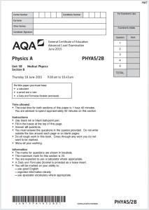 Alevel牛津医用物理学2015年真题下载《AQA A-level Physics A PHYA5/2B Medical Physics Section B June 2015》