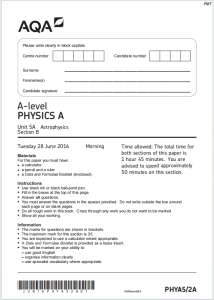 Alevel牛津天体物理学2016年真题下载《AQA A-level Physics A PHYA5/2A Astrophysics Section B June 2016》
