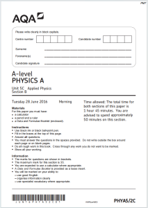 Alevel牛津应用物理学2016年真题下载《AQA A-level Physics A PHYA5/2C Applied Physics Section B June 2016》