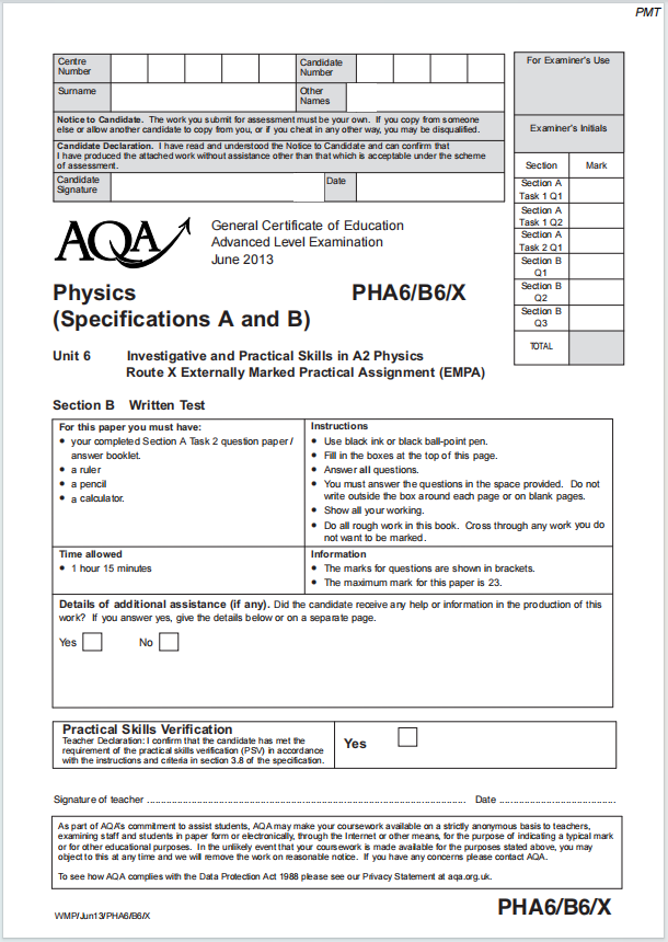 Alevel牛津物理2013年真题下载《AQA A-level Physics Externally Marked Practical Assignment Section B June 2013》