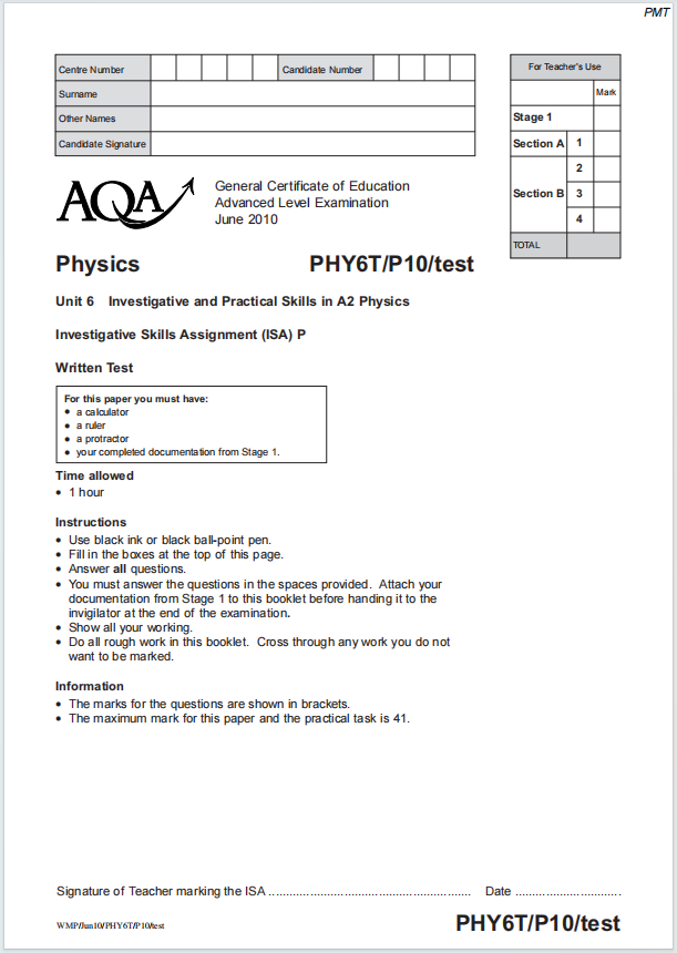 Alevel牛津物理2010年真题下载《AQA A-Level Physics PHY6T/P10/test Investigative and Practical Skills in A2 Physics June 2010》