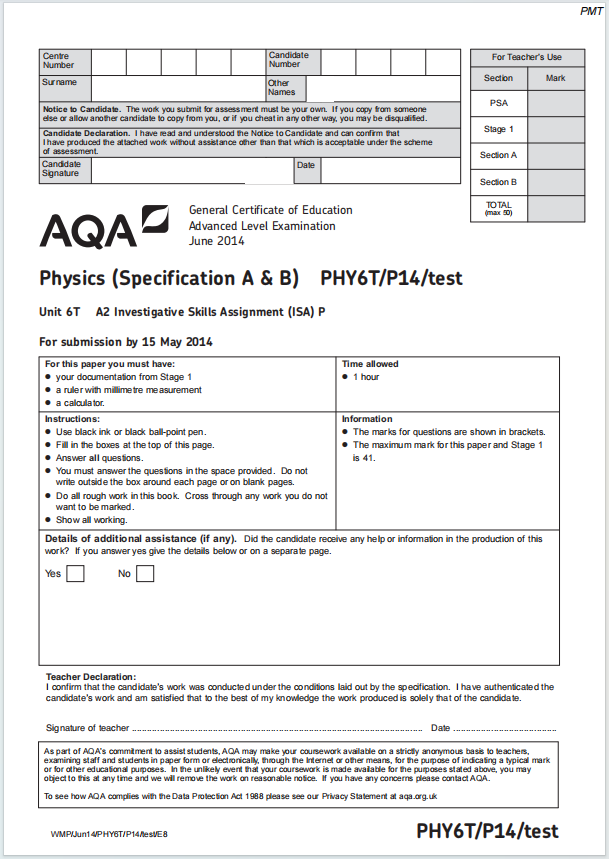 Alevel牛津物理2014年真题下载《AQA A-Level Physics Specification A & BUnit 6T A2 Investigative Skills Assignment June 2014》