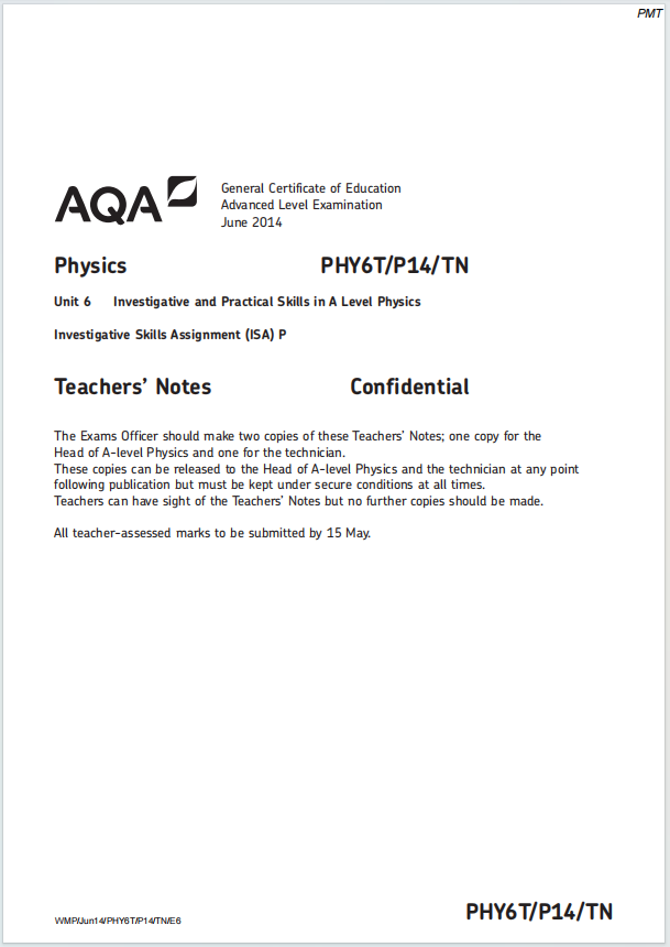 Alevel牛津物理2014年真题下载《AQA A-Level Physics Teachers’ Notes Unit 6 Investigative and Practical Skills Assignment June 2014》