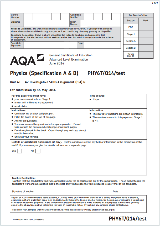 Alevel牛津物理2014年真题下载《AQA A-Level Physics PHY6T/Q14/test June 2014》